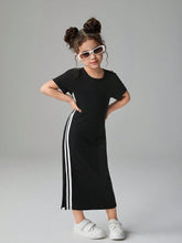 Streecool Kids Young Girl Round Neck Short Sleeve Side Stripe Maxi Casual Dress
